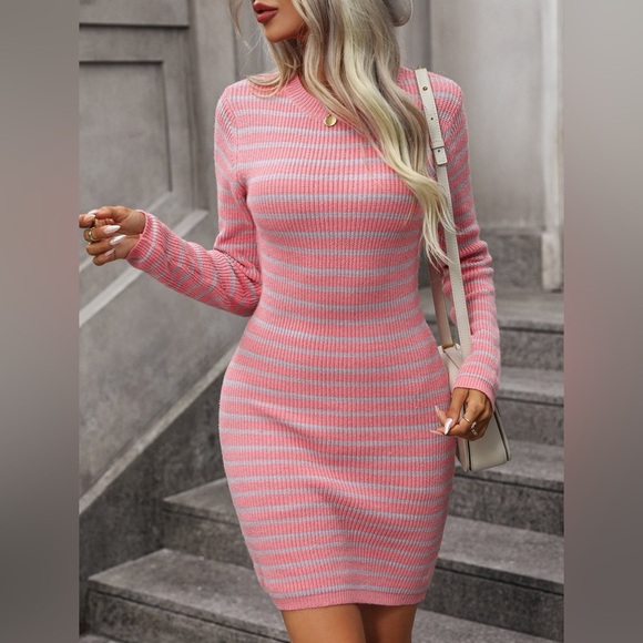Striped Round Neck Sweater Dress - Picture 1 of 5